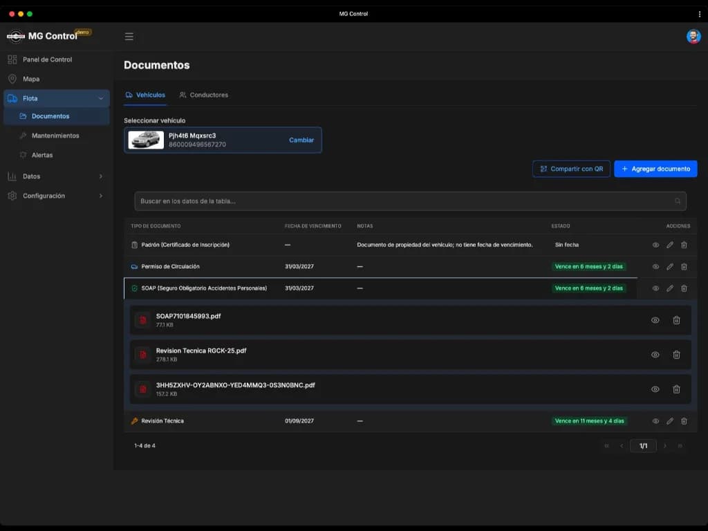 Gestión de documentos de flota en MG Control