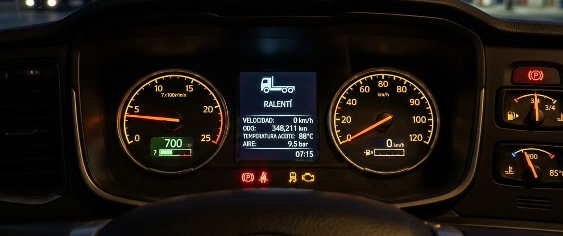 Maquinaria en faena con motor encendido — ejemplo de contexto para el reporte de ralentí y control de tiempos muertos