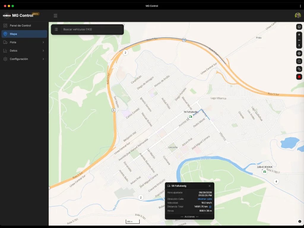 MG Control — mapa en vivo con vehículos de la flota