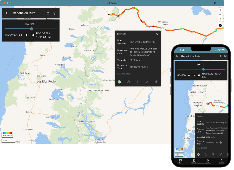 Plataforma de monitoreo GPS Metal Garage Global - Visualización de rastreo vehicular en tiempo real en computadora y dispositivo móvil